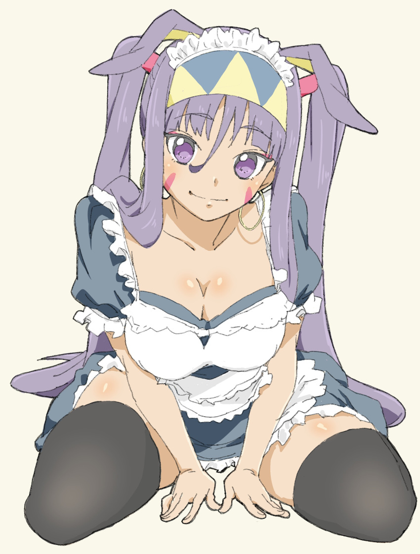 absurdres alternate_hairstyle animal_ears apron beige_background black_legwear breasts cleavage closed_mouth dark_skin donguri_suzume earrings eyebrows_visible_through_hair eyeliner facial_mark fate/grand_order fate_(series) full_body hair_between_eyes hairband highres hoop_earrings jewelry large_breasts leaning_forward light_smile long_hair looking_at_viewer maid_headdress makeup nitocris_(fate/grand_order) purple_hair simple_background sitting thigh-highs twintails very_long_hair violet_eyes wariza