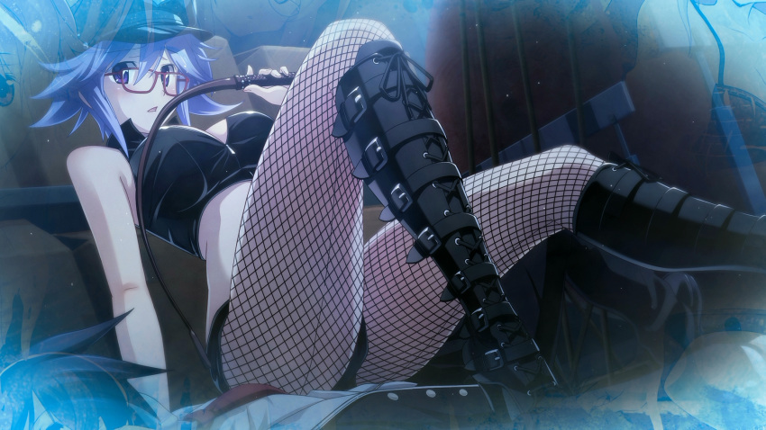 1boy 1girl black_boots black_hat black_jacket black_shorts blue_hair boots breasts chaos;child cleavage crop_top eyebrows_visible_through_hair fishnet_pantyhose fishnets game_cg glasses hat high_heel_boots high_heels highres holding indoors jacket kazuki_hana knee_boots large_breasts looking_at_viewer miyashiro_takuru necktie open_mouth pantyhose partially_unzipped red_necktie sasaki_mutsumi school_uniform shirt short_hair_with_long_locks short_shorts shorts sidelocks sitting sitting_on_person tank_top violet_eyes white_shirt