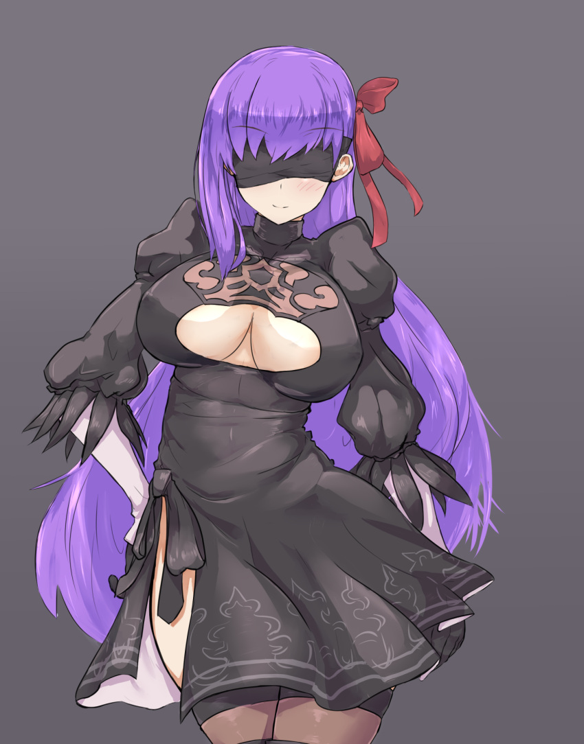 1girl bb_(fate/extra_ccc) blindfold breasts cleavage cosplay covered_navel depo_(typebaby505) fate/extra fate/extra_ccc fate_(series) grey_background hand_on_hip highres medium_breasts nier_(series) nier_automata purple_hair simple_background skirt solo thighs wide_hips yorha_no._2_type_b yorha_no._2_type_b_(cosplay)