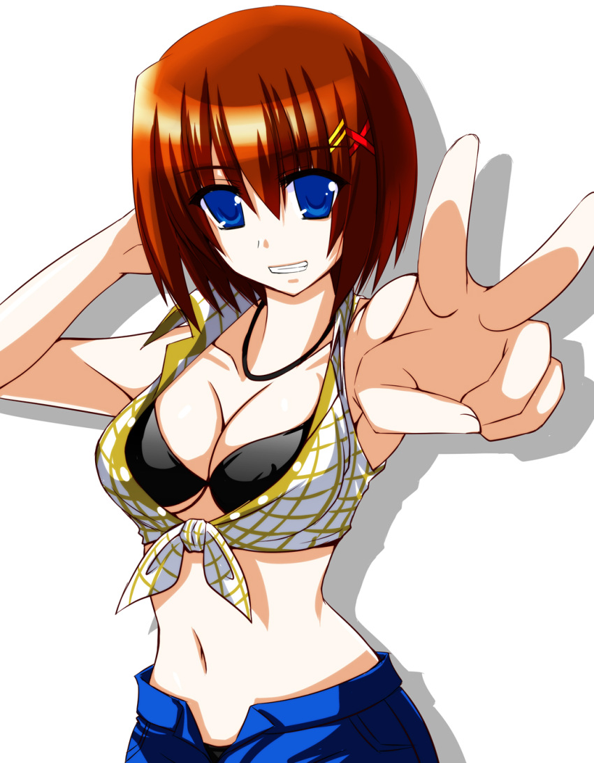 1girl bare_shoulders bikini black_bikini blue_eyes breasts brown_hair engo_(aquawatery) front-tie_top grin hair_ornament hand_behind_head highres jewelry large_breasts lyrical_nanoha midriff navel necklace outstretched_arm short_hair sleeveless smile solo swimsuit under_boob v yagami_hayate