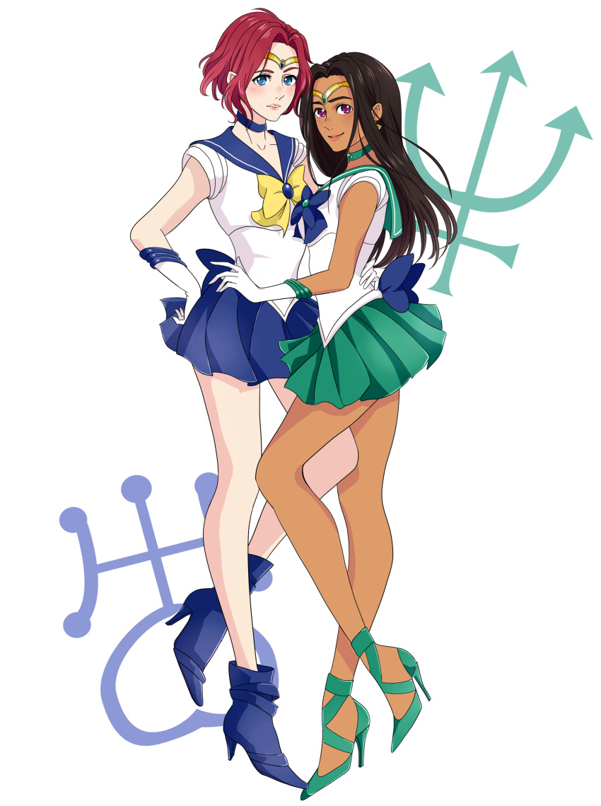 2girls absurdres bishoujo_senshi_sailor_moon black_hair blue_eyes choker cosplay dark_skin gloves hand_on_another's_hip high_heels highres lips mila_babicheva multiple_girls neptune_symbol outer_senshi pleated_skirt redhead ri_(rianemone) sailor_collar sailor_neptune sailor_neptune_(cosplay) sailor_senshi sailor_uranus sailor_uranus_(cosplay) sara_crispino skirt smile uranus_symbol violet_eyes white_gloves yuri!!!_on_ice