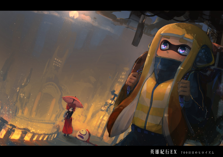 2girls backpack bag bangs black_jacket black_kimono black_pants black_shoes blue_eyes blunt_bangs building closed_mouth clouds domino_mask expressionless full_moon green_eyes hair_over_one_eye hakama headset high-visibility_vest high_collar highres holding holding_strap holding_umbrella inkling jacket japanese_clothes kashu_(hizake) kimono lamppost letterboxed light_particles long_hair long_sleeves looking_at_another looking_away looking_down looking_up mask monster_girl moon moonlight multicolored multicolored_eyes multiple_girls night night_sky octarian octoball one-eyed orange_hair outdoors pants parasol pink_umbrella red_hakama redhead shoes short_eyebrows short_hair sky smile splatoon standing sweat takozonesu tentacle_hair thick_eyebrows track_jacket translation_request umbrella violet_eyes walking white_legwear wide_sleeves yellow_vest