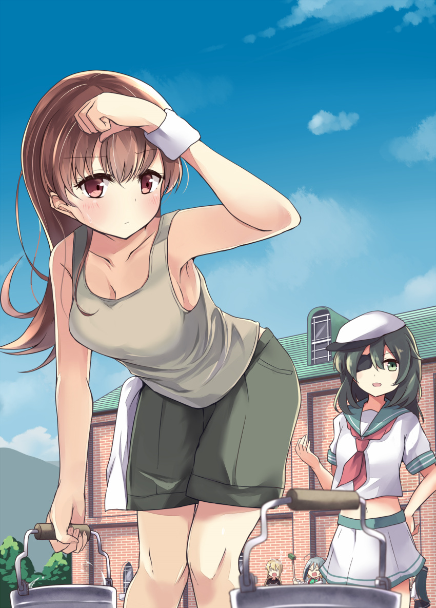 5girls akatsuki_(kantai_collection) armpits blonde_hair brick_wall brown_eyes brown_hair bucket building clouds commentary_request day eyepatch green_eyes green_hair grey_hair hat highres holding holding_bucket kantai_collection kiso_(kantai_collection) kiyoshimo_(kantai_collection) long_hair midriff multiple_girls ooi_(kantai_collection) outdoors satsuki_(kantai_collection) school_uniform serafuku short_sleeves shorts sky sleeveless soramuko tank_top window wristband