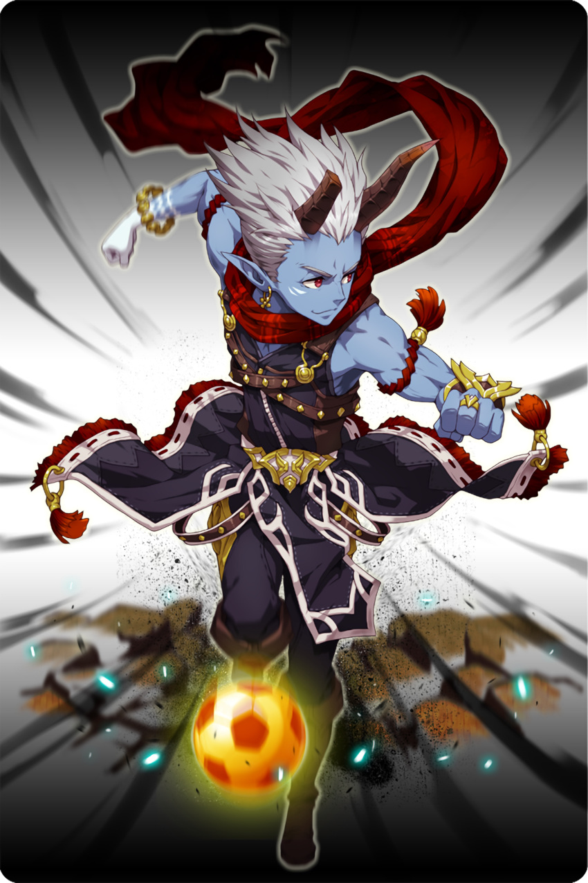 1boy ball blue_skin boots bracelet brown_boots castor_(soccer_spirits) clenched_hands comiccho demon_horns earrings gloves highres horns jewelry looking_to_the_side official_art pointy_ears red_eyes red_scarf ring running scarf single_glove soccer_ball soccer_spirits white_gloves white_hair