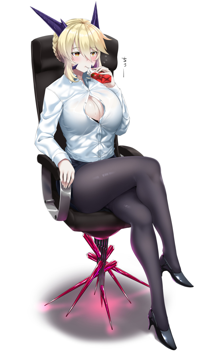 1girl artoria_pendragon_alter_(fate/grand_order) blonde_hair breasts brown_eyes chair cleavage fate/grand_order fate_(series) highres hitotsuki_nebura juice_box large_breasts legs_crossed open_clothes open_shirt pantyhose saber saber_alter shirt short_hair simple_background sitting solo thighs white_background