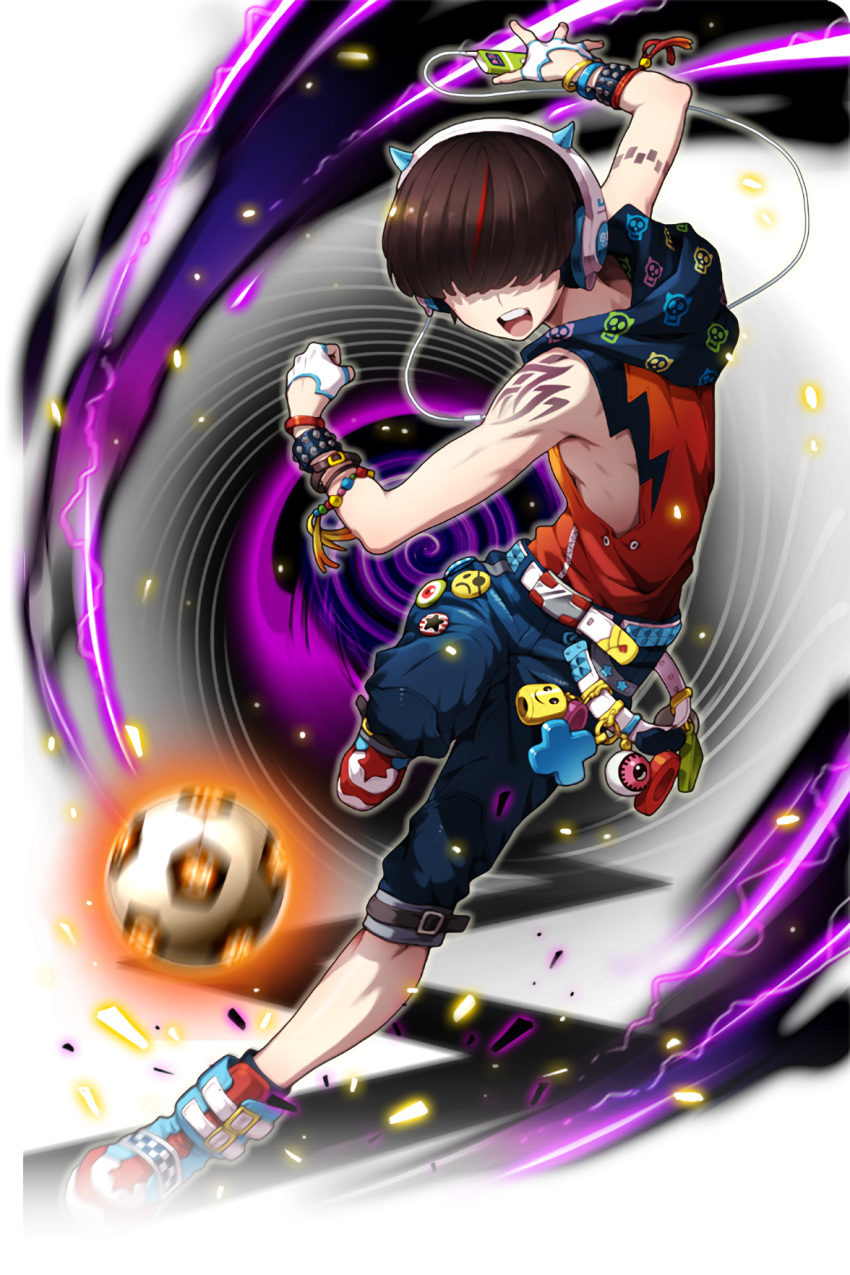 1boy :o artist_request ball bandana_removed bangle bead_bracelet beads belt bowl_cut bracelet brown_hair digital_media_player elliot_(soccer_spirits) eyeball full_body hair_over_eyes headphones highres jewelry official_art red_shirt red_shoes running shirt shoes sneakers soccer_ball soccer_spirits solo studded_bracelet tagme tattoo vortex x