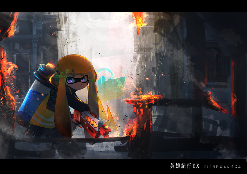 1girl bangs black_jacket black_legwear black_shorts blue_eyes blunt_bangs bubble building closed_mouth clouds cloudy_sky commentary_request day domino_mask door fire gun headset high-visibility_vest highres holding holding_gun holding_weapon ink ink_tank_(splatoon) inkling jacket kashu_(hizake) letterboxed light_particles long_hair long_sleeves looking_to_the_side mask melting molten_metal monster_girl multicolored multicolored_eyes orange_hair outdoors pillar poster rapid_blaster_deco_(splatoon) science_fiction shade short_eyebrows shorts single_vertical_stripe sky smoke solo spark splatoon standing striped striped_legwear striped_vest sweatdrop tentacle_hair thick_eyebrows thigh-highs track_jacket translation_request vest violet_eyes walking weapon yellow_vest