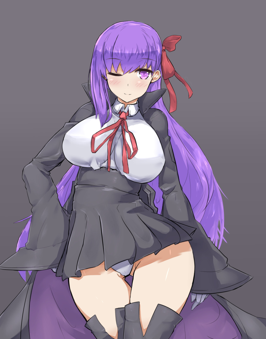 1girl bb_(fate/extra_ccc) black_legwear breasts cleavage contrapposto covered_navel depo_(typebaby505) fate/extra fate/extra_ccc fate_(series) grey_background hair_ribbon hand_on_hip highres labcoat medium_breasts one_eye_closed panties purple_hair ribbon simple_background skirt solo thighs underbust underwear violet_eyes white_panties wide_hips