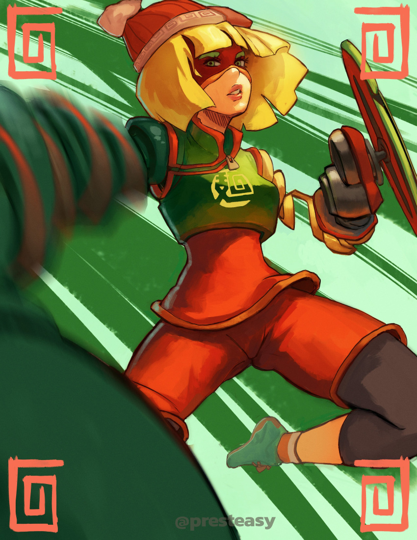 1girl absurdres arms_(game) artist_name bangs beanie bike_shorts blonde_hair chinese_clothes facepaint food green_eyes hat highres legwear_under_shorts looking_at_viewer mask min_min_(arms) noodles short_hair shorts solo