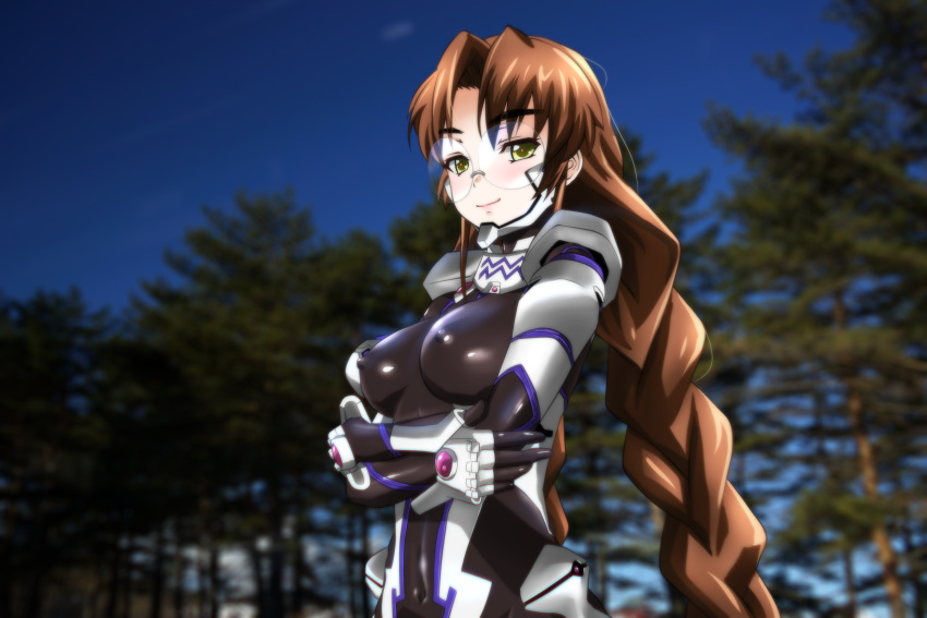 1girl black_bodysuit blush bodysuit braid breasts brown_hair covered_navel crossed_arms erect_nipples eyebrows_visible_through_hair genya_(genya67) glasses green_eyes highres impossible_bodysuit impossible_clothes lips long_hair looking_at_viewer muvluv muvluv_alternative outdoors photo_background pilot_suit sakaki_chizuru shiny shiny_clothes shiny_hair shoulder_pads smile solo standing tree twin_braids upper_body very_long_hair