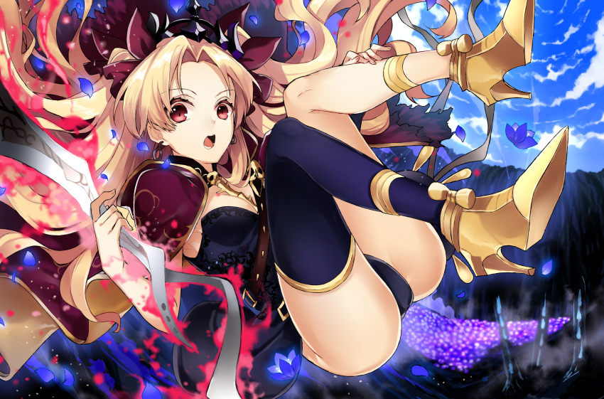 1girl absurdres bangs blonde_hair blue_legwear breasts cape ereshkigal_(fate/grand_order) falling fate/grand_order fate_(series) hand_up high_heels highres jewelry long_hair looking_at_viewer open_mouth outdoors parted_bangs petals red_eyes single_thighhigh small_breasts sogawa66 solo teeth thigh-highs thighs tohsaka_rin two_side_up very_long_hair