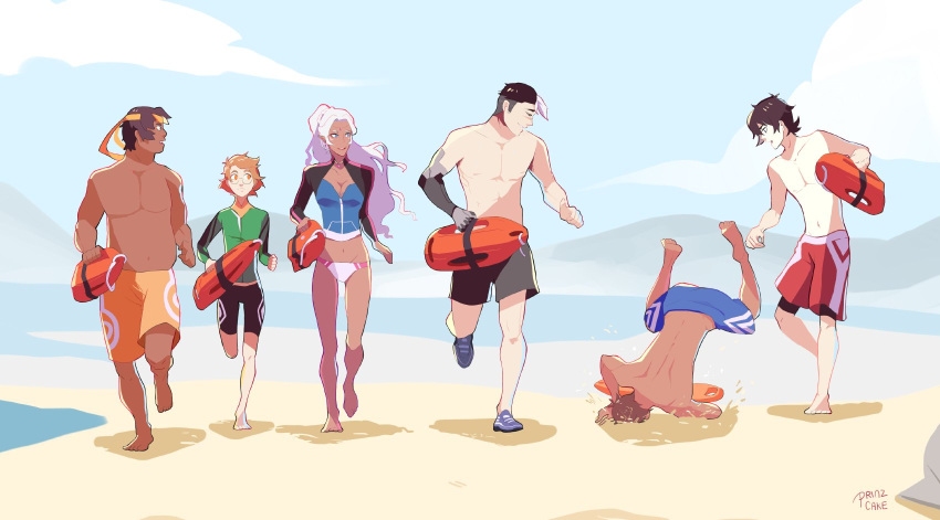 2girls 4boys baywatch beach highres hunk_(voltron) keith_(voltron) lance_(voltron) male_swimwear multiple_boys multiple_girls parody pidge_gunderson princess_allura running swim_trunks swimsuit swimwear takashi_shirogane voltron:_legendary_defender wetsuit