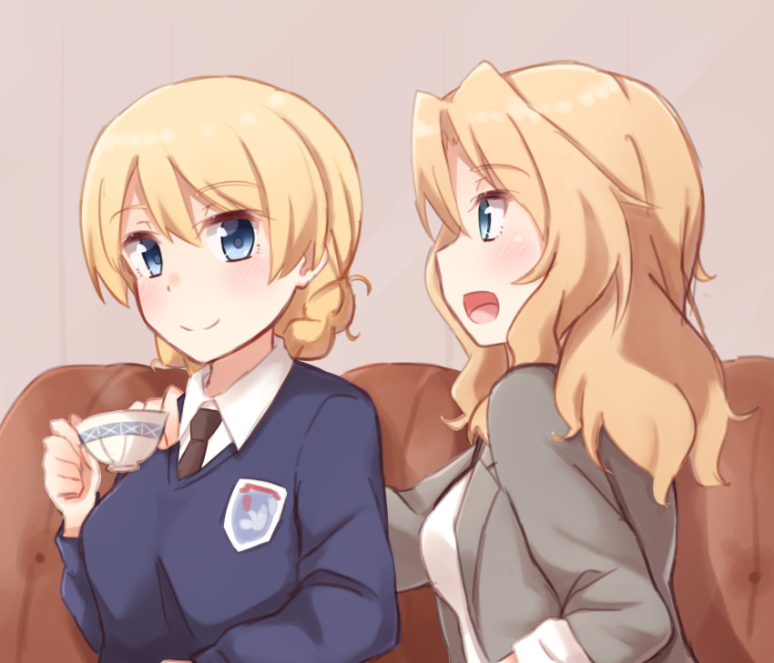 2girls arm_around_shoulder bangs black_necktie blazer blonde_hair blouse blue_eyes blue_sweater braid closed_mouth commentary_request couch cup darjeeling dress_shirt emblem girls_und_panzer grey_jacket highres holding jacket kapatarou kay_(girls_und_panzer) long_hair long_sleeves looking_at_another multiple_girls necktie open_clothes open_jacket open_mouth saunders_school_uniform school_uniform shirt short_hair sitting sleeves_rolled_up smile st._gloriana's_(emblem) st._gloriana's_school_uniform sweater teacup tied_hair twin_braids v-neck white_blouse white_shirt yuri