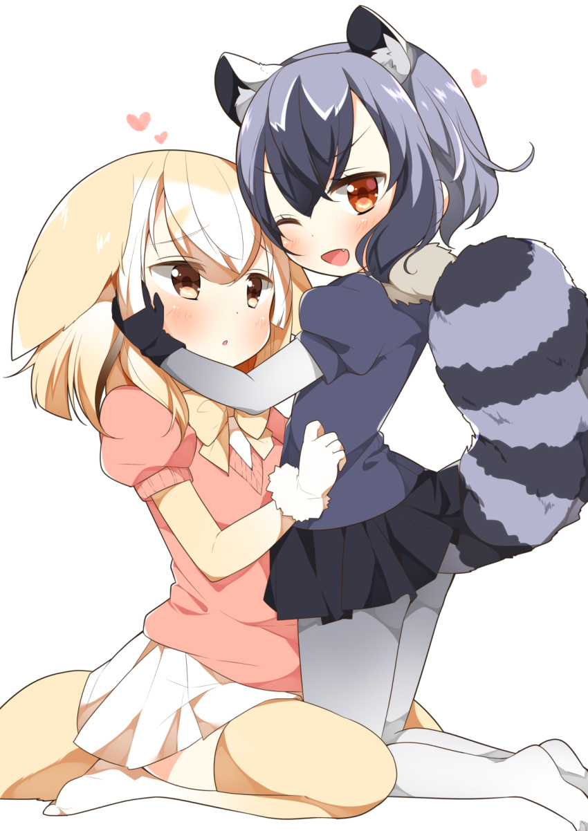 2girls ;d animal_ears black_gloves black_hair black_skirt blonde_hair blue_shirt blush bow bowtie brown_eyes common_raccoon_(kemono_friends) eyebrows_visible_through_hair fang fennec_(kemono_friends) fox_ears fox_tail from_side fur_collar fur_trim gau_(n00_shi) gloves grey_hair hair_between_eyes hand_on_another's_face heart highres kemono_friends kneeling looking_at_another multicolored_hair multiple_girls no_shoes one_eye_closed open_mouth parted_lips pink_sweater pleated_skirt puffy_short_sleeves puffy_sleeves raccoon_ears raccoon_tail shirt short_hair short_sleeves sitting skirt smile striped_tail sweater tail thigh-highs two-tone_hair white_gloves white_hair white_skirt yellow_bow yellow_bowtie