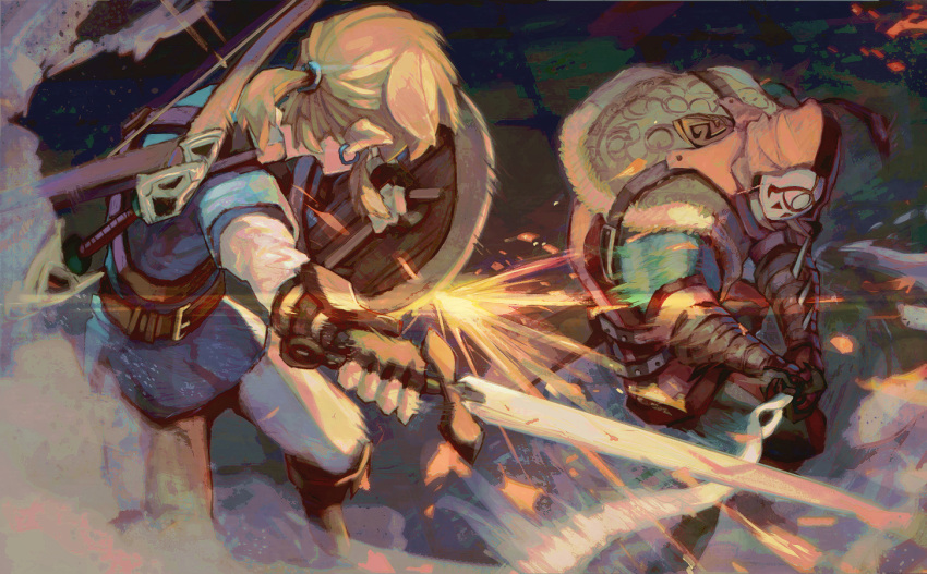 2boys armor battle blonde_hair bodystocking boots bow_(weapon) dust earrings fingerless_gloves from_above gauntlets gloves holding holding_shield holding_sword holding_weapon jewelry jumping lens_flare link looking_at_another mask motion_blur multiple_boys ponytail sheath shield shiimo short_sleeves sparks sword the_legend_of_zelda the_legend_of_zelda:_breath_of_the_wild tunic weapon weapon_on_back