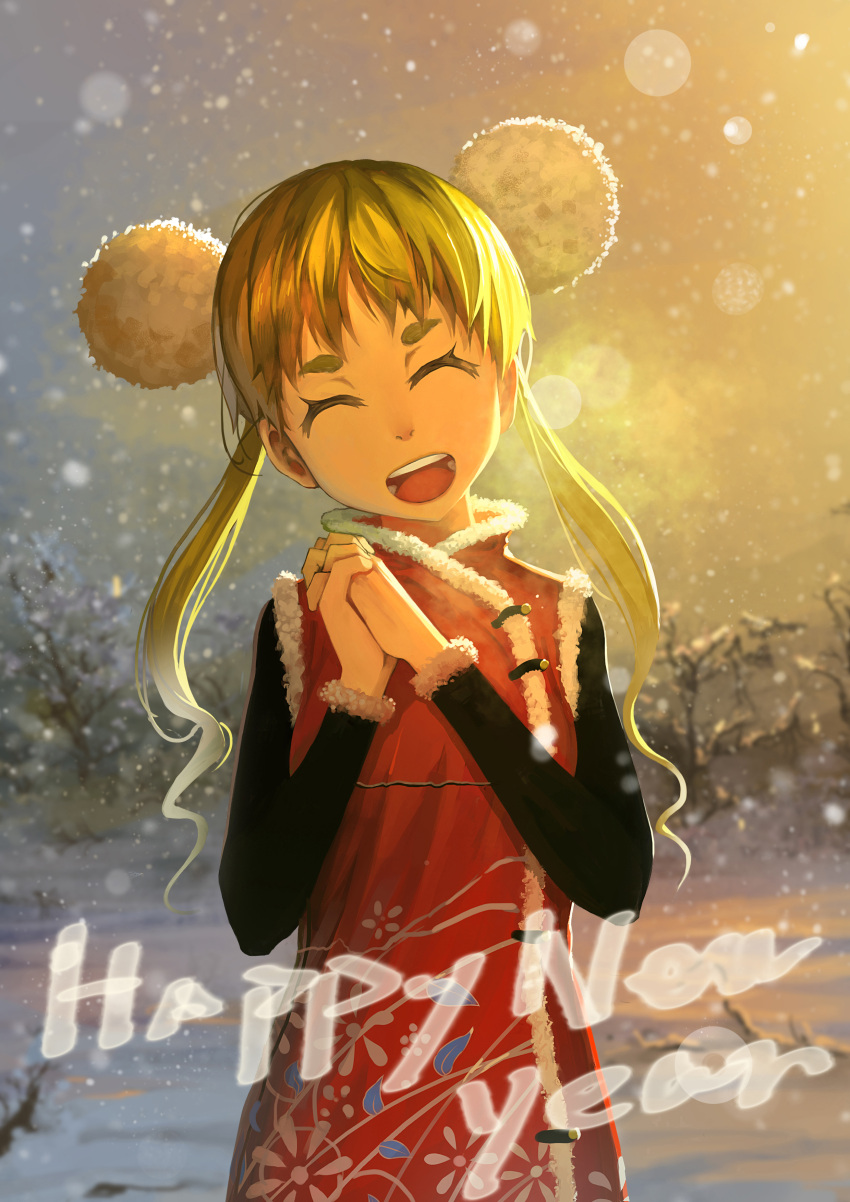 1girl absurdres bad_id bad_pixiv_id blonde_hair blush closed_eyes hands_clasped happy happy_new_year highres long_hair looking_at_viewer lu_ying new_year open_mouth original smile snow snowing solo teeth thick_eyebrows twintails