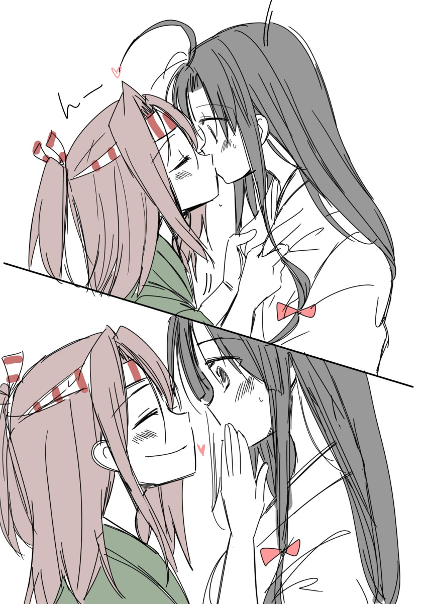 2girls 2koma ahoge black_hair blush bow camouflage closed_eyes clothes_grab comic commentary_request covering_mouth hachimaki hair_bow headband heart high_ponytail highres japanese_clothes kantai_collection kimono kiss light_brown_hair long_hair multiple_girls ponytail remodel_(kantai_collection) sanpatisiki shouhou_(kantai_collection) simple_background smile straight_hair sweatdrop white_background yuri zuihou_(kantai_collection)