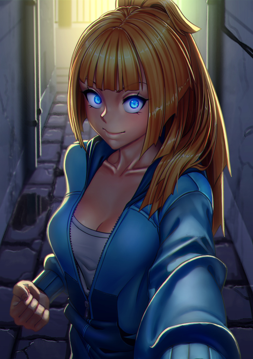 1girl absurdres blonde_hair blue_eyes breasts cleavage clenched_hand closed_mouth eyebrows_visible_through_hair highres light long_hair looking_at_viewer medium_breasts nikita_varb original ponytail smile solo upper_body wide-eyed