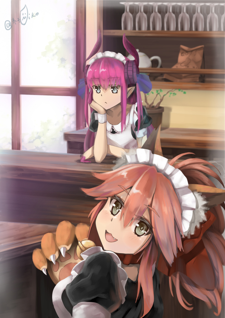 2girls :t absurdres alternate_costume animal_ears apron asymmetrical_horns bell bell_collar blue_eyes braid breasts collar detached_sleeves dragon_girl dress elizabeth_bathory_(fate) elizabeth_bathory_(fate)_(all) enmaided fang fate/grand_order fate_(series) fox_ears grey_eyes hair_ribbon highres horns large_breasts long_hair looking_at_viewer maid maid_apron maid_headdress multiple_girls open_mouth paws pink_hair pointy_ears ribbon tamamo_(fate)_(all) tamamo_cat_(fate) waist_apron yonago_miko