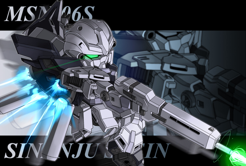 beam_rifle character_name energy_gun glowing glowing_eyes green_eyes gundam gundam_unicorn mecha memento_vivi no_humans shield sinanju_stein zoom_layer