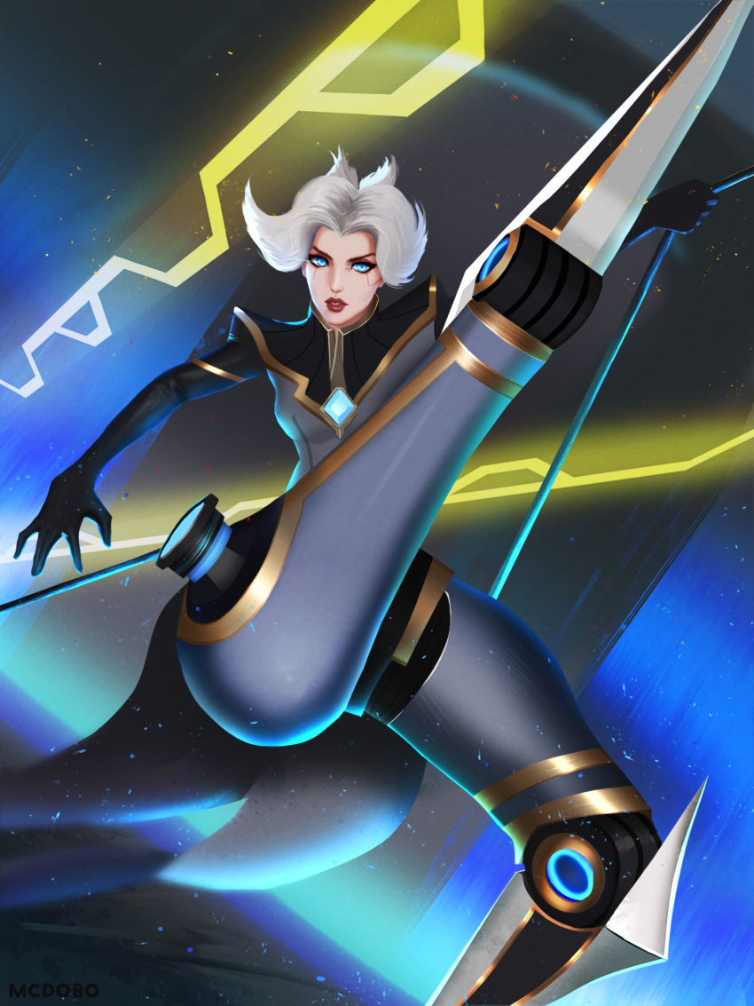 1girl blue_eyes breasts camille_(league_of_legends) highres league_of_legends mcdobo md5_mismatch one_leg_raised resized small_breasts upscaled white_hair wide_hips