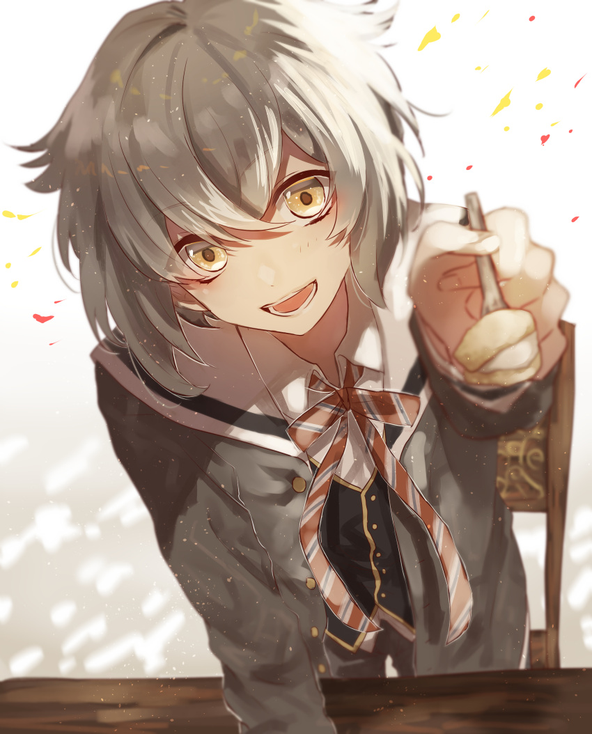 1boy absurdres feeding food grey_hair highres i-chu incoming_food male_focus open_mouth ribbon school_uniform smile solo spoon yamanobe_mio yellow_eyes