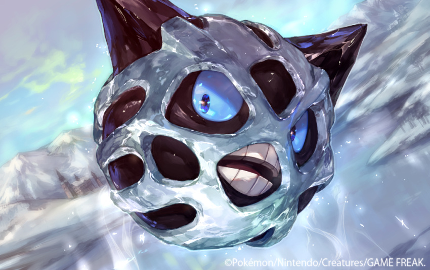 blue_eyes blue_sclera blue_sky building castle cliff commentary_request company_name day floating glalie jikan_hakushaku light_particles looking_at_viewer motion_blur no_humans open_mouth outdoors pokemon pokemon_(creature) shiny signature sky snow teeth winter