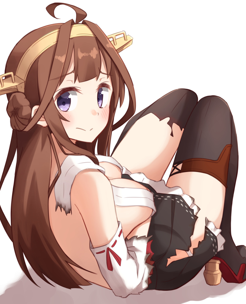 1girl ahoge black_legwear black_skirt breasts brown_hair detached_sleeves double_bun hairband headgear highres japanese_clothes kantai_collection kapatarou kongou_(kantai_collection) large_breasts long_hair nontraditional_miko pleated_skirt ribbon-trimmed_sleeves ribbon_trim simple_background skirt smile solo thigh-highs torn_clothes torn_thighhighs violet_eyes white_background