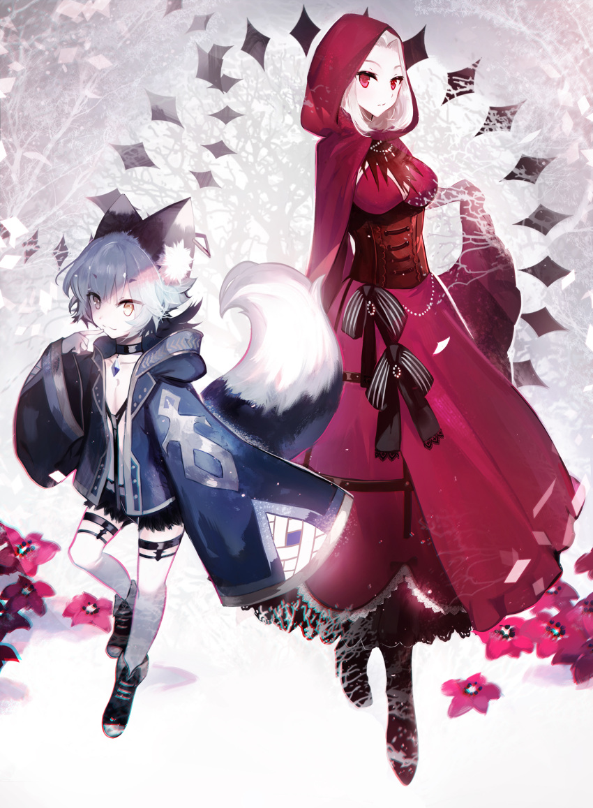 1boy 1girl absurdres age_difference animal_ears black_ribbon black_shorts breasts dress finger_to_mouth fox_ears fox_tail full_body high_heels highres index_finger_raised little_red_riding_hood little_red_riding_hood_(grimm) long_hair looking_at_viewer medium_breasts moemoe3345 red_dress red_eyes red_flower red_hood ribbon short_shorts shorts silver_hair skirt_hold standing striped striped_ribbon tail thigh-highs thigh_strap white_legwear yellow_eyes