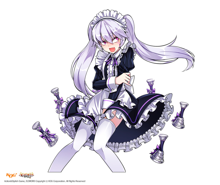 1girl apron black_dress blush breasts character_name copyright_name dress dress_tug elsword frilled_dress frills hair_between_eyes highres hwansang long_hair maid_headdress open_mouth purple_ribbon red_eyes ribbon silver_hair simple_background solo standing tears thigh-highs white_background white_legwear