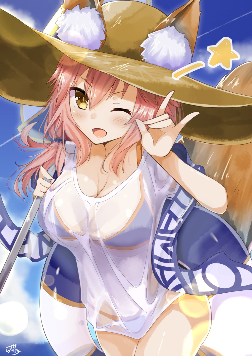 &gt;;d 1girl ;d animal_ears beach_umbrella bikini bikini_under_clothes blue_bikini blue_sky blush breasts brown_hat cleavage closed_umbrella commentary_request condensation_trail day ears_through_headwear fate/extra fate/extra_ccc fate_(series) fox_ears fox_shadow_puppet fox_tail hair_between_eyes hair_ornament hair_scrunchie hat highres holding holding_umbrella innertube leaning_forward lens_flare long_hair looking_at_viewer low-tied_long_hair no_pants one_eye_closed open_mouth outdoors pink_hair ramchi scrunchie see-through shawl shirt signature sky smile standing star straw_hat string_bikini swimsuit tail tamamo_(fate)_(all) tamamo_no_mae_(swimsuit_lancer)_(fate) thighs umbrella wet wet_clothes wet_shirt yellow_eyes