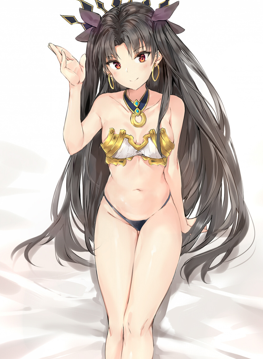 1girl arm_at_side bare_arms bare_shoulders bed_sheet big_hair black_hair black_ribbon blush breasts cleavage closed_mouth collarbone commentary crown detached_collar earrings eyebrows_visible_through_hair fate/grand_order fate_(series) foreshortening hair_ribbon hand_up head_tilt highres hoop_earrings ishtar_(fate/grand_order) jewelry long_hair looking_at_viewer medium_breasts navel red_eyes ribbon silver_(chenwen) simple_background sitting smile solo stomach strapless strapless_bikini thighs toosaka_rin tsurime twintails very_long_hair white_background