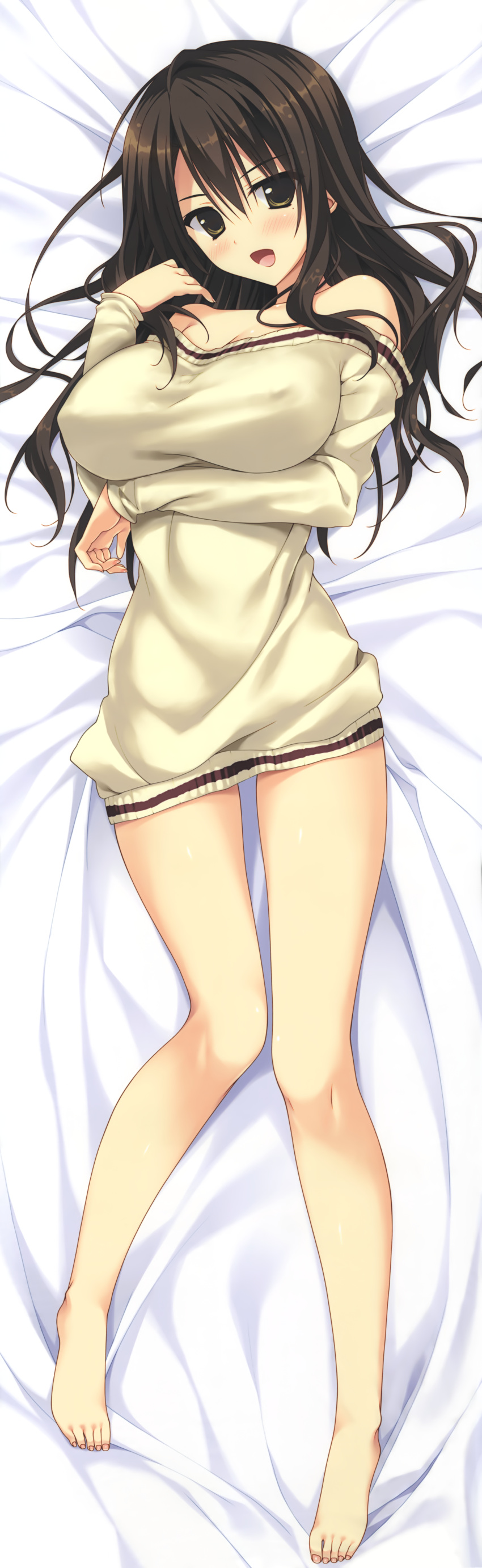 1girl :d absurdres bare_legs bed_sheet breasts brown_eyes brown_hair dakimakura gakkou_no_seiiki highres huge_filesize large_breasts long_hair long_sleeves lying nase_yaeka open_mouth ryouka_(suzuya) smile solo sweater tagme