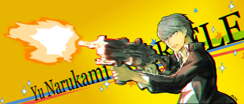 1boy artist_name assault_rifle bangs character_name collared_shirt firing grey_eyes grey_hair gun high_collar highres holding holding_gun holding_weapon jacket long_sleeves looking_afar male_focus motion_blur moxhum muzzle_flash narukami_yuu open_clothes open_jacket parted_lips persona persona_4 rifle shirt short_hair solo upper_body weapon wing_collar