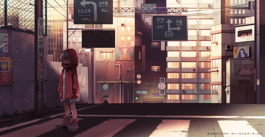 1girl crosswalk faceless faceless_female hands_in_pockets hood hoodie kouka_(mrakano5456) looking_away original red_hoodie sign silver_hair solo