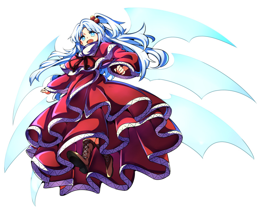 1girl baba_(baba_seimaijo) blue_eyes boots brown_boots capelet cross-laced_footwear dress full_body hair_bobbles hair_ornament highres lace-up_boots long_sleeves looking_at_viewer red_dress shinki side_ponytail silver_hair smile solo touhou touhou_(pc-98) transparent_background wings