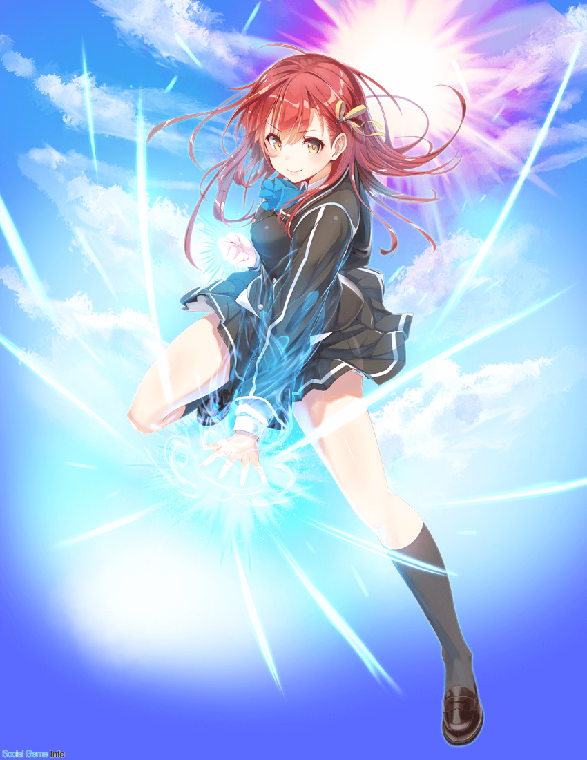 1girl ange_vierge bangs black_legwear bow breasts character_request eyebrows_visible_through_hair full_body glowing hair_bow highres leg_up long_hair long_sleeves looking_at_viewer medium_breasts pleated_skirt redhead school_uniform shoes skirt sky smile socks solo uniform yellow_eyes
