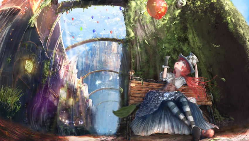 1girl arch balloon bench black_gloves blue_sky castle checkered_hat corset dress fantasy frilled_dress frills from_below gloves hat looking_up mary_janes original perspective popopo_(popopo5656) red_shoes redhead scenery shoes sitting sky striped striped_legwear top_hat wind