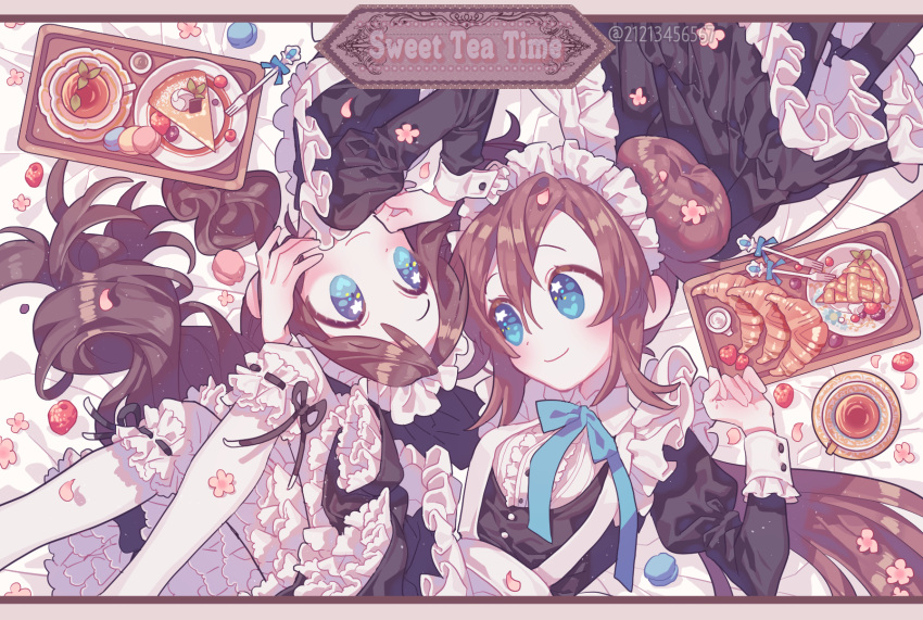 2girls alternate_costume apron artist_name blue_eyes blush border brown_hair croissant double_bun dress enmaided eye_contact food frilled_skirt frills fruit hand_on_another's_head highres juliet_sleeves long_hair long_sleeves looking_at_another lying macaron maid maid_apron maid_headdress mei_(pokemon) multiple_girls neck_ribbon pie pokemon pokemon_(game) pokemon_bw pokemon_bw2 ponytail pudding puffy_sleeves raspberry ribbon skirt smile sweets symbol-shaped_pupils text thigh-highs touko_(pokemon) twintails twitter_username very_long_hair white_legwear wrist_cuffs