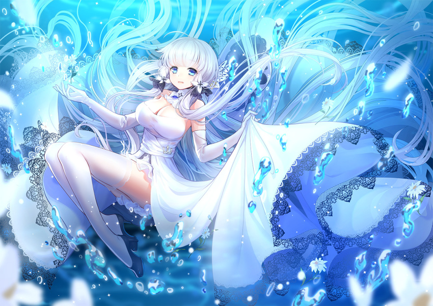 1girl air_bubble bangs bare_shoulders bilan_hangxian black_shoes blue_eyes blurry breasts cleavage depth_of_field dress elbow_gloves eyebrows_visible_through_hair gloves hands_up high_heels lace lace-trimmed_thighhighs large_breasts long_dress long_hair looking_at_viewer low_twintails miemia open_mouth shoes smile solo thigh-highs twintails underwater white_dress white_flower white_gloves white_hair white_legwear