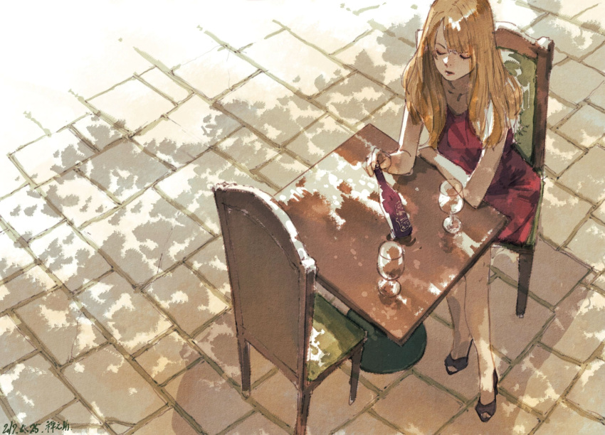 1girl alcohol bottle cafe chair closed_eyes commentary cup dappled_sunlight dated dress drinking_glass eyelashes from_above high_heels highres long_hair muted_color original outdoors red_dress signature sitting sleeveless sleeveless_dress solo sunlight table texture traditional_media watercolor_(medium) wine wine_bottle wine_glass zennosuke