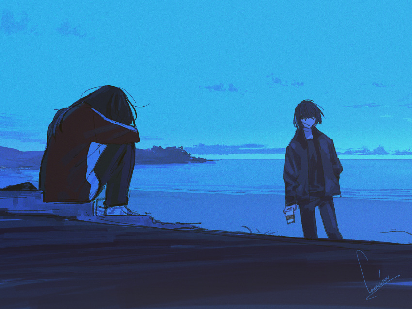 2girls artist_name beach blue hand_in_pocket head_down highres holding jacket long_hair looking_to_the_side loundraw multiple_girls ocean open_clothes open_jacket original outdoors pants shoes short_hair signature sitting sneakers stairs standing track_jacket track_pants