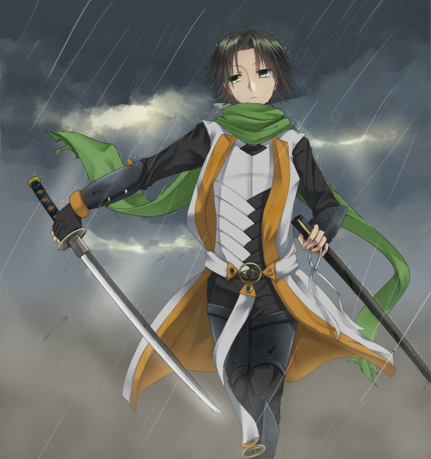 1boy akiymym0 alternate_costume armor clouds cloudy_sky fingerless_gloves gloves green_eyes green_hair highres katana male_focus rain scarf sky solo summon_night summon_night_3 sword weapon will_martini