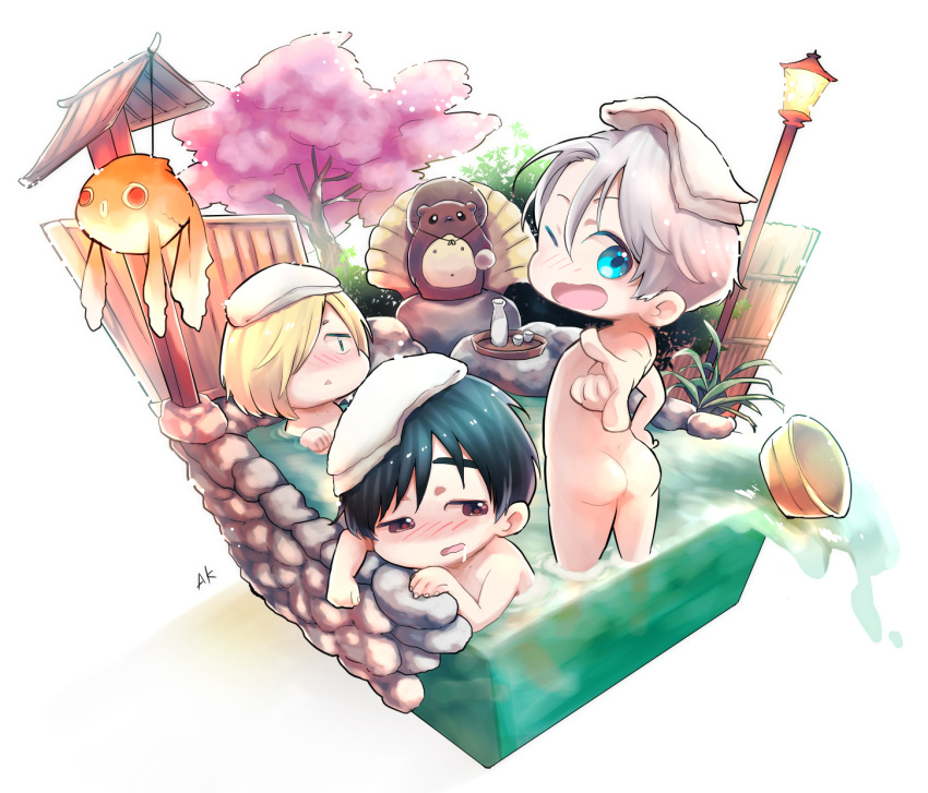 3boys aokikoma ass black_hair blonde_hair blue_eyes blush brown_eyes bucket cherry_blossoms drooling fish goldfish green_eyes hair_over_one_eye highres katsuki_yuuri lamppost male_focus multiple_boys nude one_eye_closed onsen open_mouth pointing silver_hair smile tanuki tokkuri towel towel_on_head tray tree viktor_nikiforov yuri!!!_on_ice yuri_plisetsky