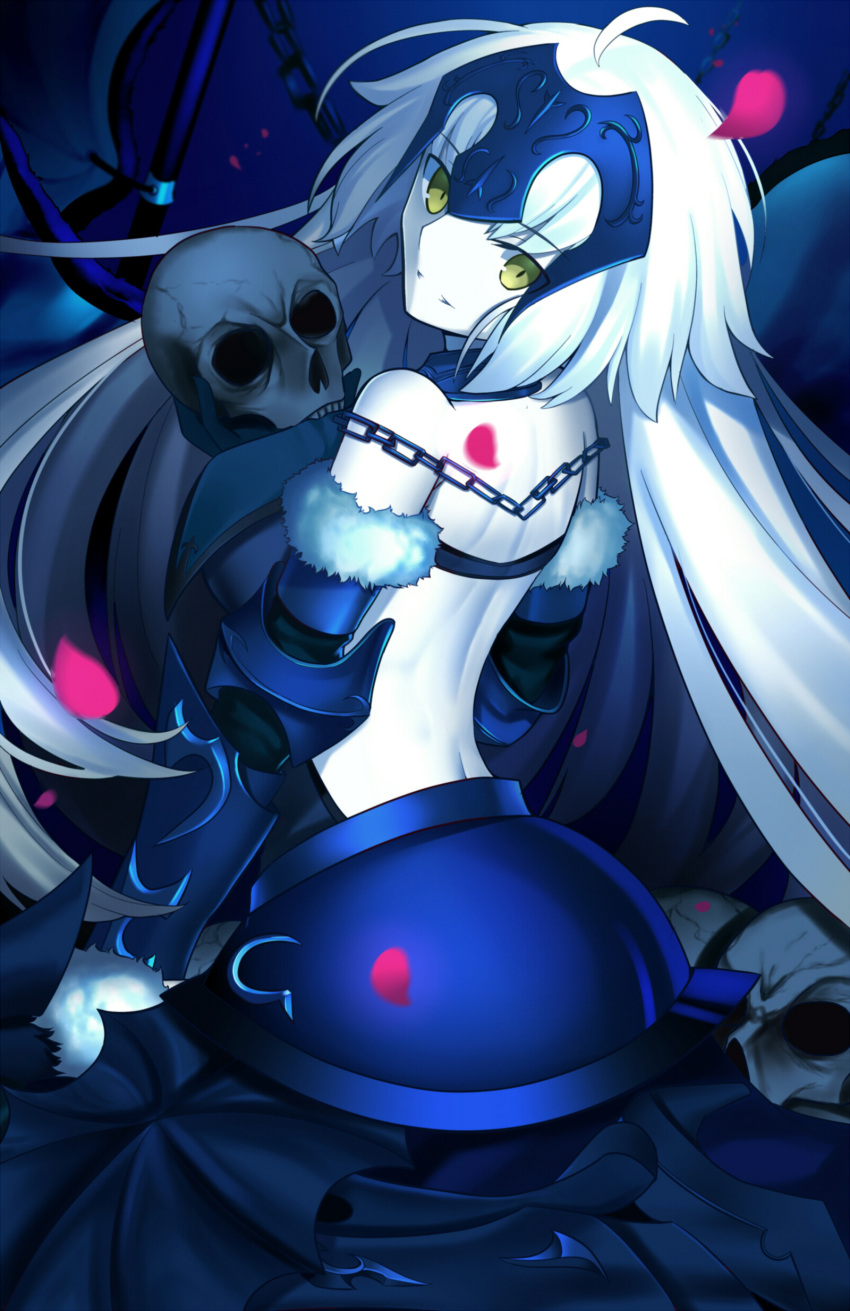 1girl absurdres ahoge bare_back black_gloves detached_sleeves fate/grand_order fate_(series) floating_hair gloves green_eyes head_tilt highres holding_skull jeanne_alter kneeling long_hair looking_at_viewer looking_back paperfinger parted_lips petals ruler_(fate/apocrypha) silver_hair smile solo very_long_hair