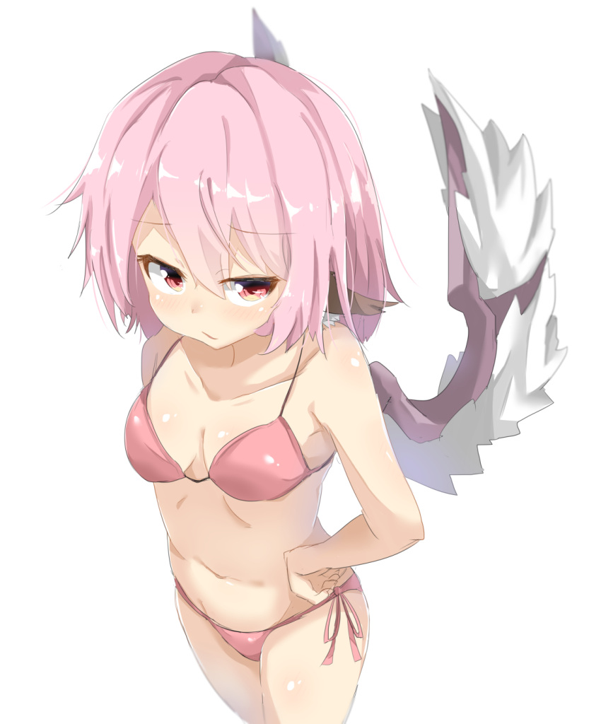 1girl animal_ears arm_at_side bangs bare_arms bikini bird_wings breasts cleavage collarbone highres long_hair mystia_lorelei navel pink_bikini pink_hair red_eyes short_hair side-tie_bikini simple_background small_breasts solo stomach swimsuit touhou white_background wings