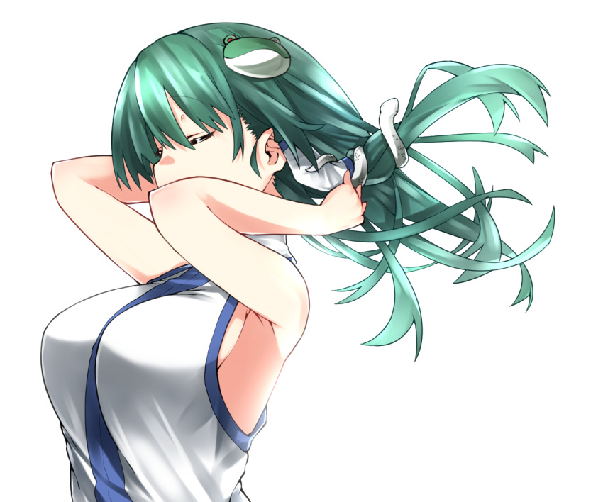 1girl bangs bare_arms breasts closed_eyes frog_hair_ornament green_hair hair_ornament hair_tubes highres kochiya_sanae kz_oji large_breasts long_hair simple_background sleeveless snake_hair_ornament solo touhou upper_body white_background