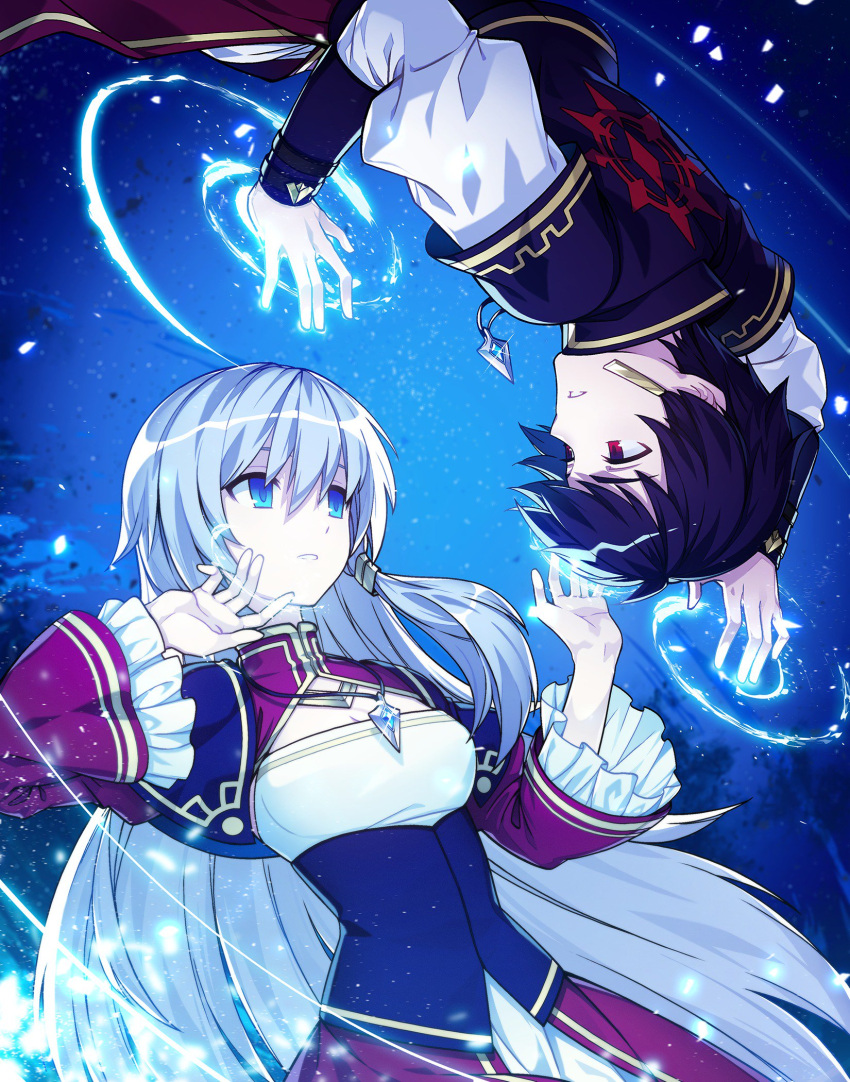 1boy 1girl black_hair blue_eyes breasts character_request cleavage dress elsword eye_contact hair_between_eyes hair_ornament highres hwansang jewelry long_hair looking_at_another medium_breasts necklace parted_lips red_eyes reflecting_pool shirt silver_hair very_long_hair white_shirt