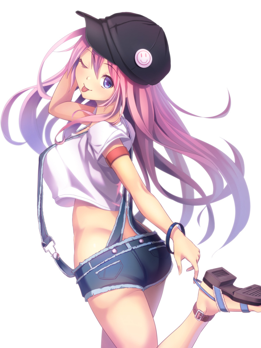 1girl ;p absurdres adjusting_clothes adjusting_shoe blue_eyes crop_top highres hyui_cf2 leg_up long_hair looking_at_viewer looking_back one_eye_closed pink_hair shorts solo suspender_shorts suspenders tongue tongue_out white_background