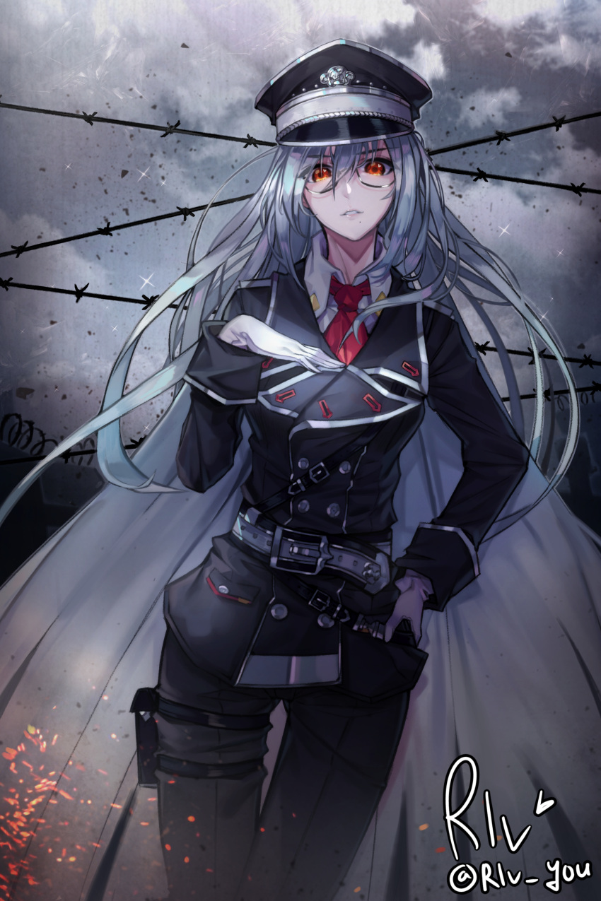 1girl absurdres artist_name barbed_wire belt black_hat eyebrows_visible_through_hair glasses gloves hat highres hwayoung long_hair looking_at_viewer mole mole_under_mouth necktie original red_eyes red_necktie silver_hair smile solo twitter_username white_gloves